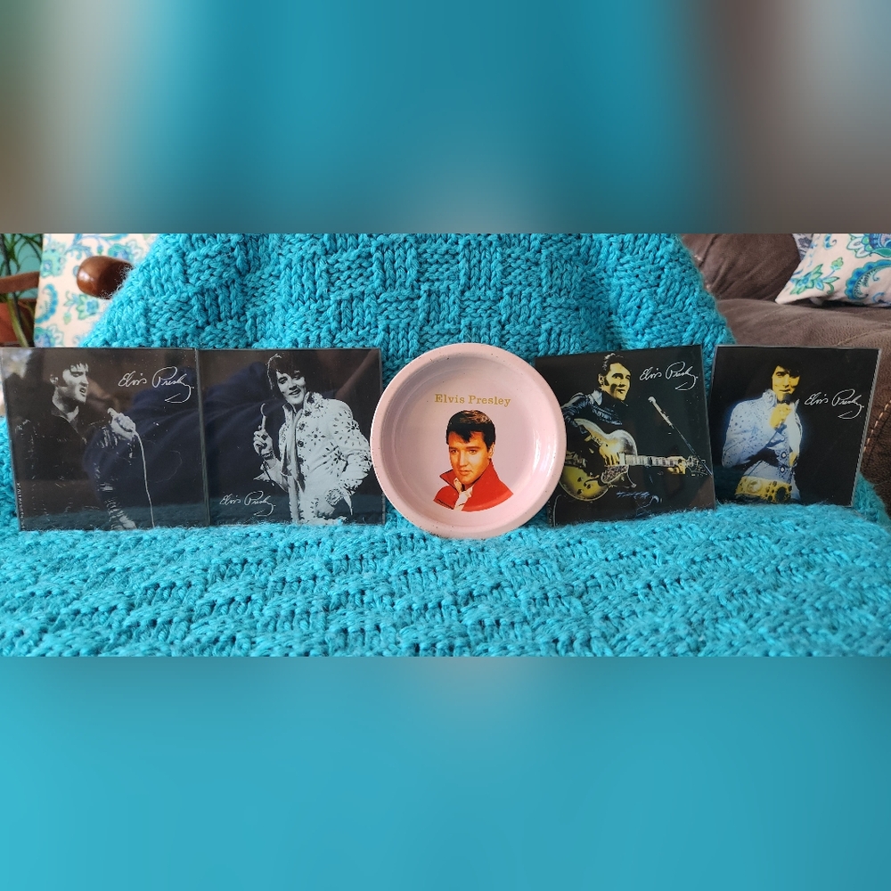 ELVIS PRESLEY Collectible 4 Glass Coaster set of  4"x 4" and Small metal Ashtray